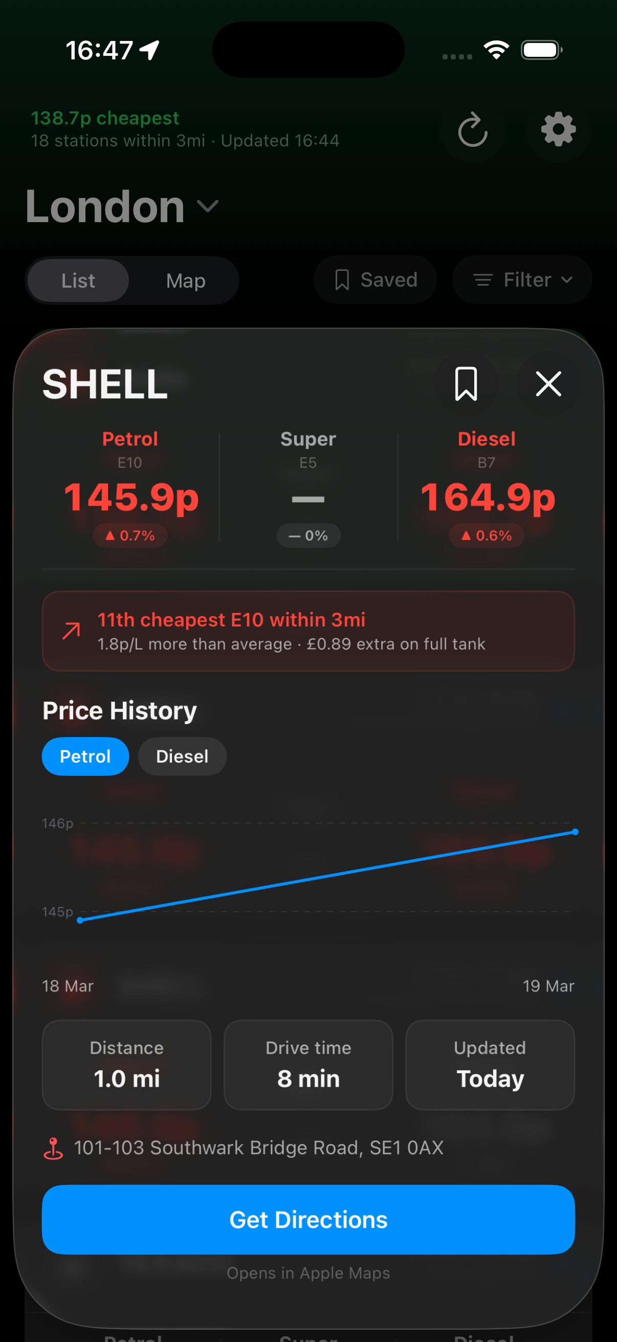 Station detail with price history chart