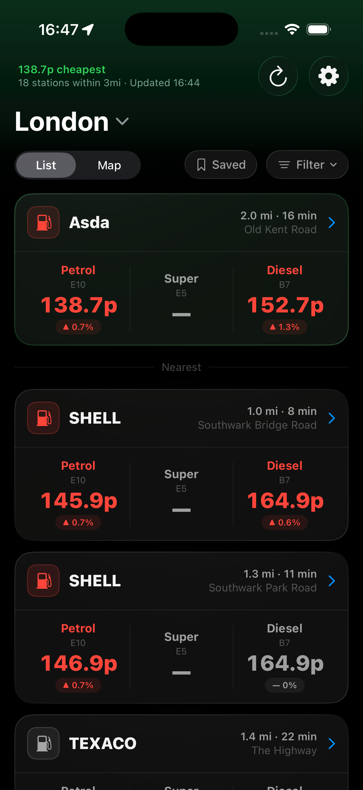 Nozzle app showing fuel prices