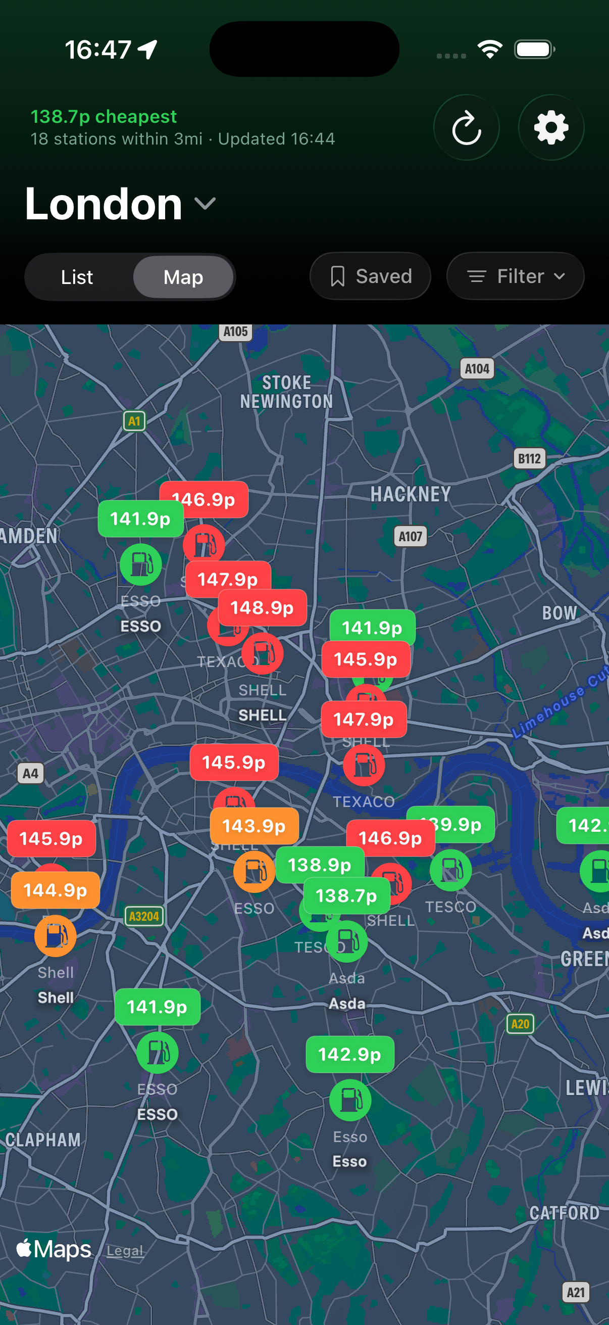 Map view with colour-coded fuel price pins