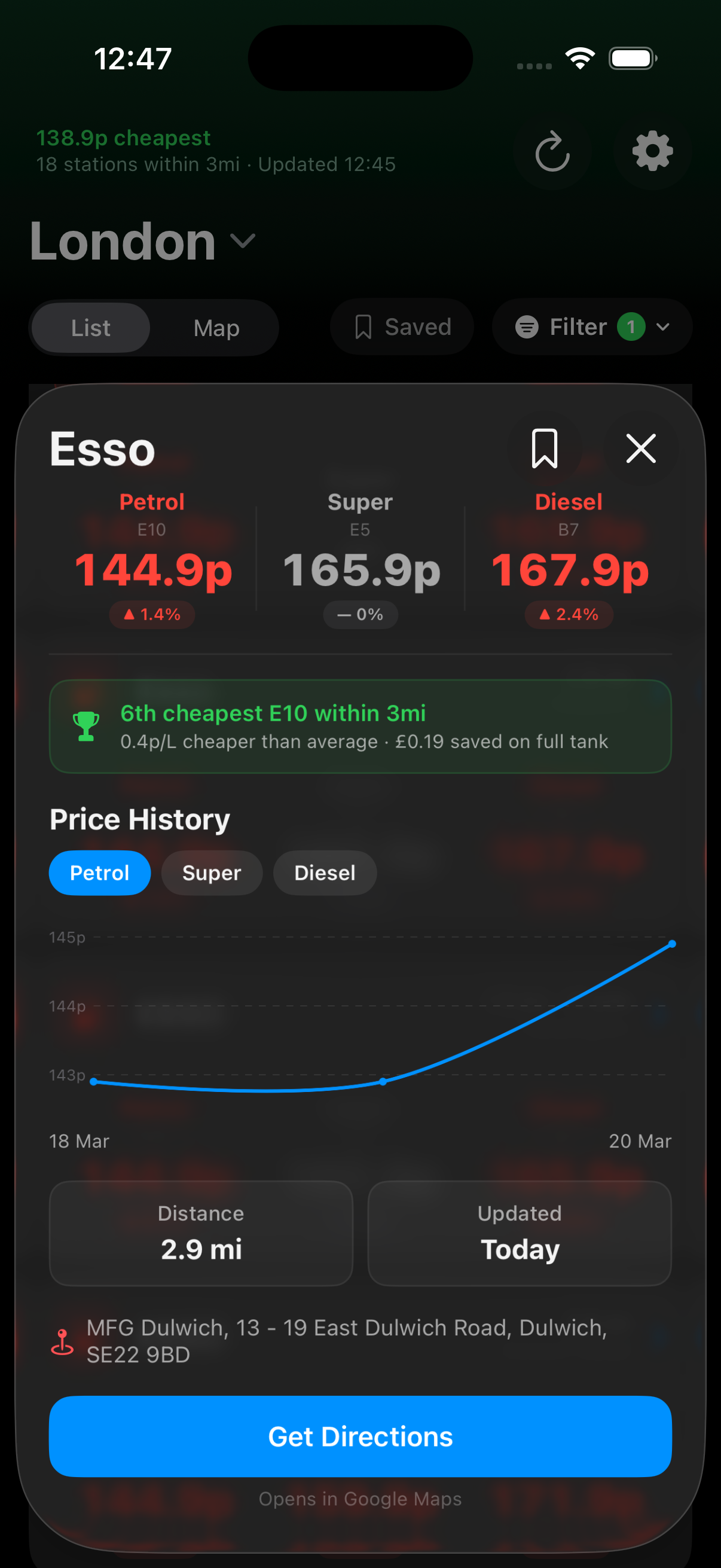 Station detail with price history chart