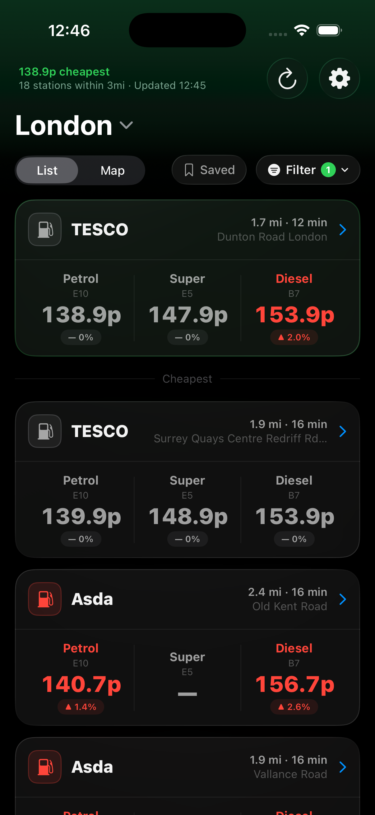 Nozzle app showing fuel prices